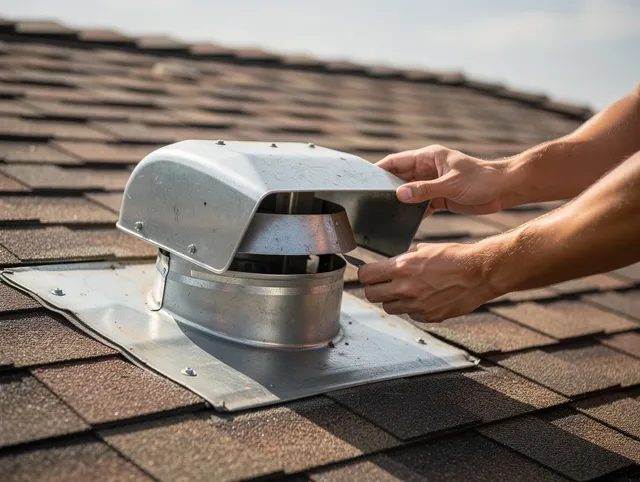Los Alamitos Dryer Vent Cleaning certified technician safely cleaning a roof-mounted dryer vent in Los Alamitos
