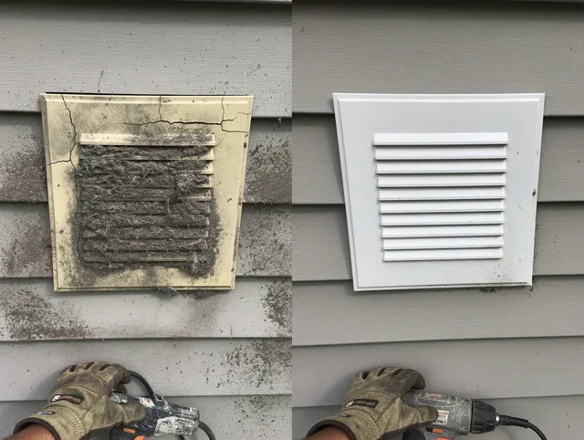 Los Alamitos Dryer Vent Cleaning technician installing high-quality dryer vent cover at a residential property in Los Alamitos
