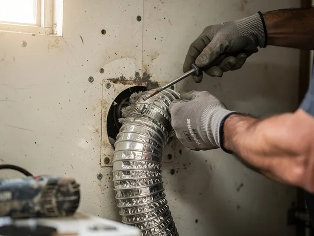 Los Alamitos Dryer Vent Cleaning technician performing precise dryer vent hose installation in Los Alamitos